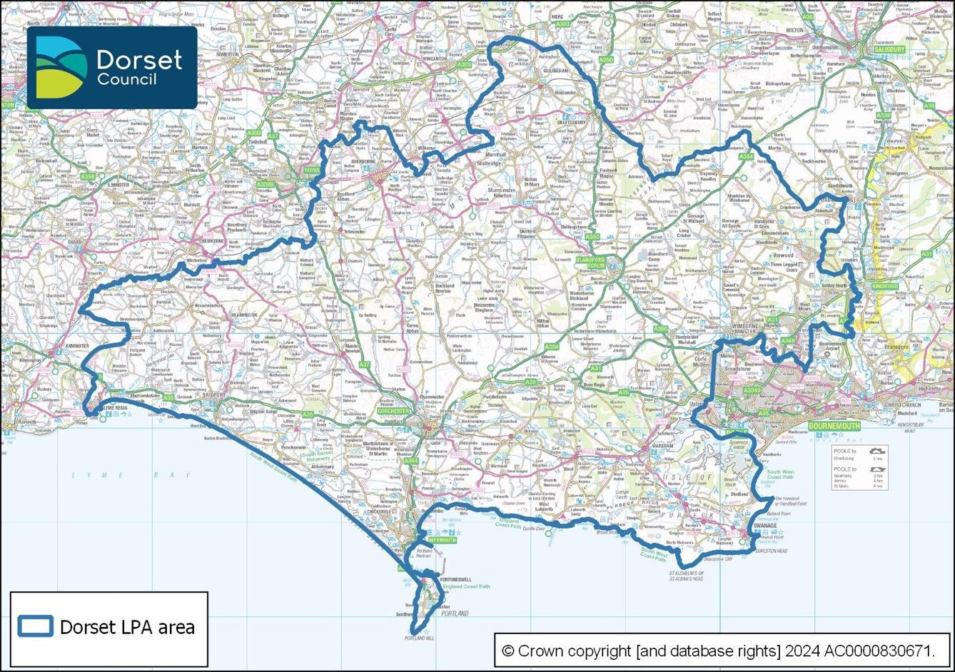 A map outlining the Dorset Council area