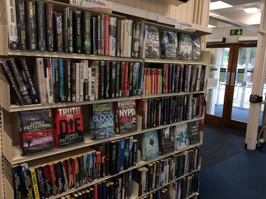 In the library there will be shelves of books and DVDs