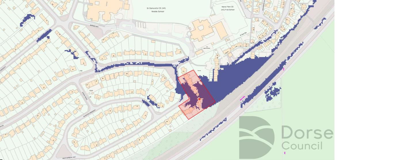 Figure 6 - Surface Water Flood Risk for a 1 in 30 year flood event risk. Weatherbury Way properties in red area