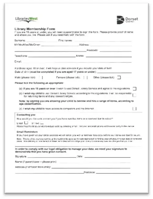 This picture shows a Library Membership Form.