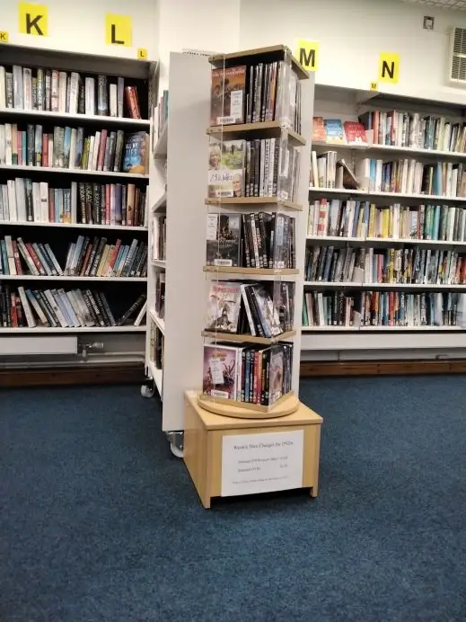 This is a picture of freestanding DVD shelving unit with books on shelving behind.