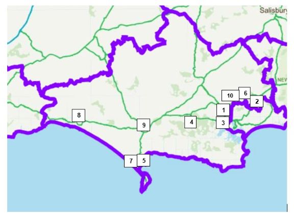 Map of Dorset showing top ten cluster sites for 2022