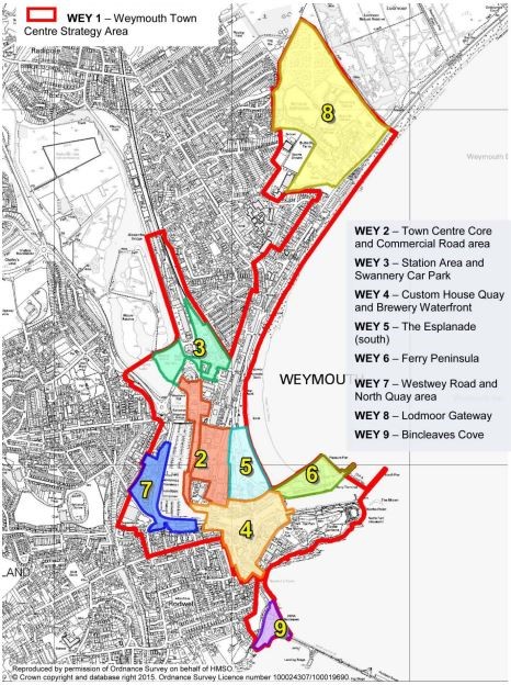 A map (reference Figure 7.1) taken from the adopted West Dorset, Weymouth and Portland Local Plan (2015) showing the area defined as ‘Weymouth Town Centre Strategy Area’ and each of the areas within the town centre area that are defined for purposes of local plan policies WEY 2 to WEY8.