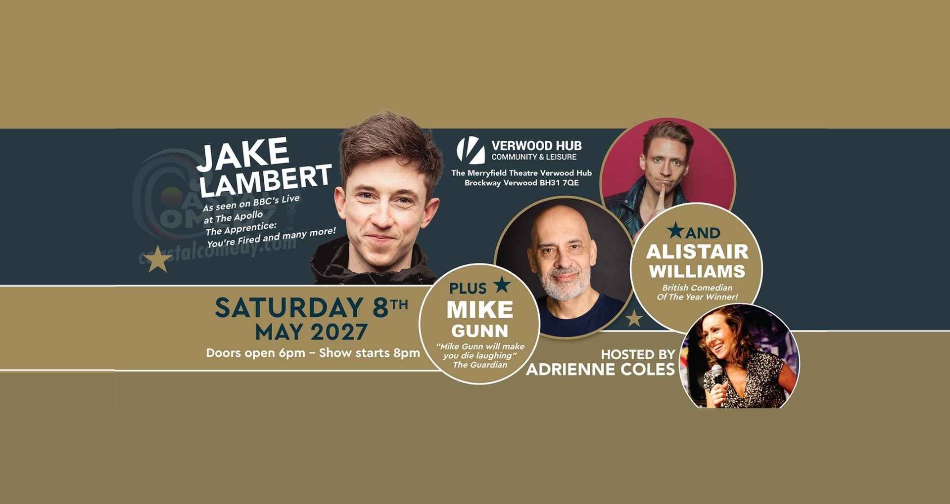 Promotional banner for a coastal comedy show featuring Jake Lambert, with guest comedians Mike Gunn and Alistair Williams, hosted by Adrienne Coles, at Verwood Hub on Saturday 8 May 2027.