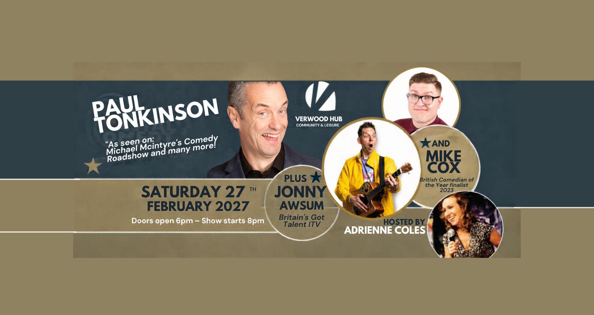 Promotional banner for The Coastal Comedy Show featuring Paul Tonkinson, Jonny Awsum, Mike Cox and Adrienne Coles, taking place on 27 February 2027.
