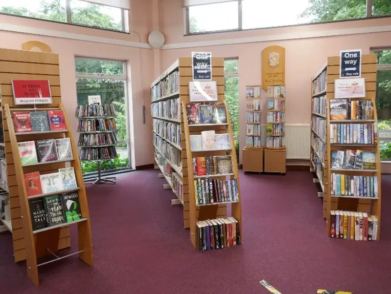 This is a picture of shelving units full of books.