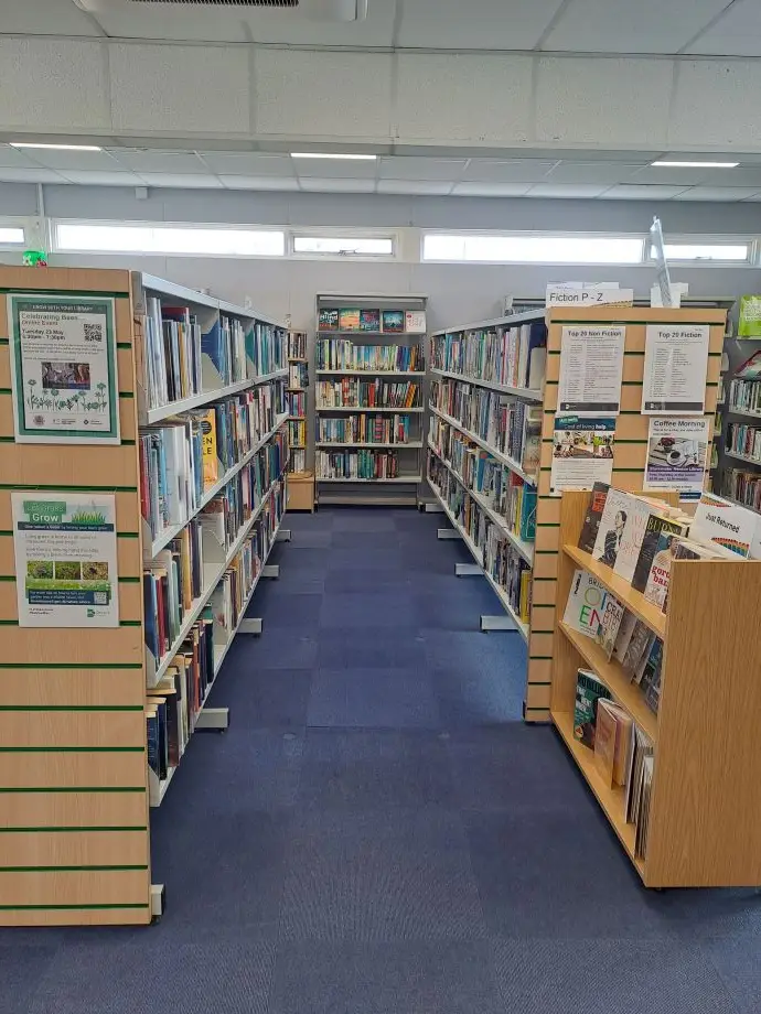 This is a picture of shelving units full of books.
