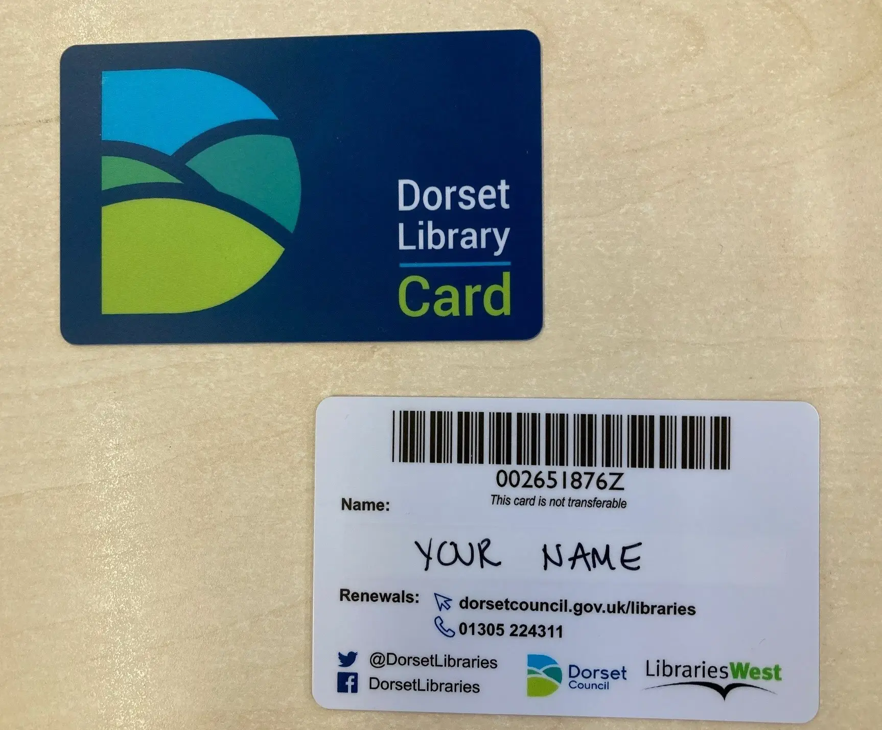 This is a picture of the front and back of a Dorset Library Card.