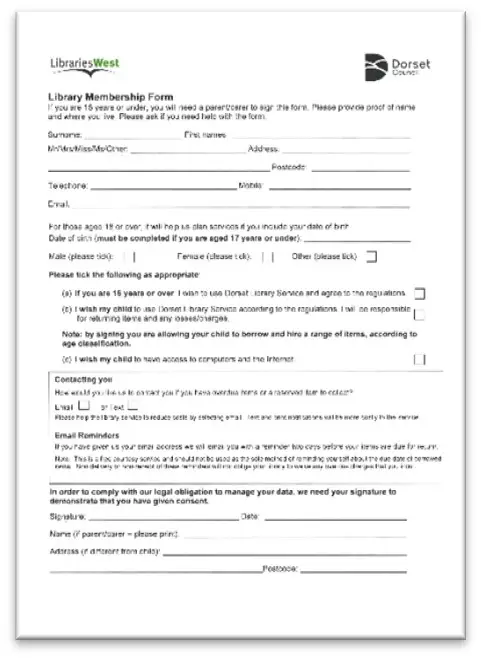 This is a picture of an application form to become a library member.
