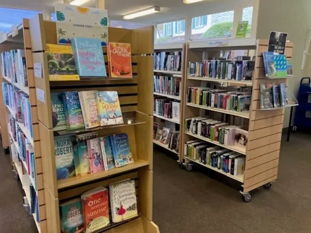 This is a picture of shelving units full of books.