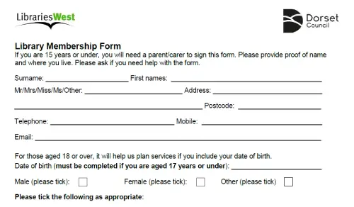 This is an image of the Dorset Libraries Membership Application Form.