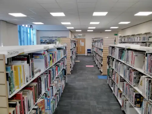 This is an image of shelves of books and DVDs.