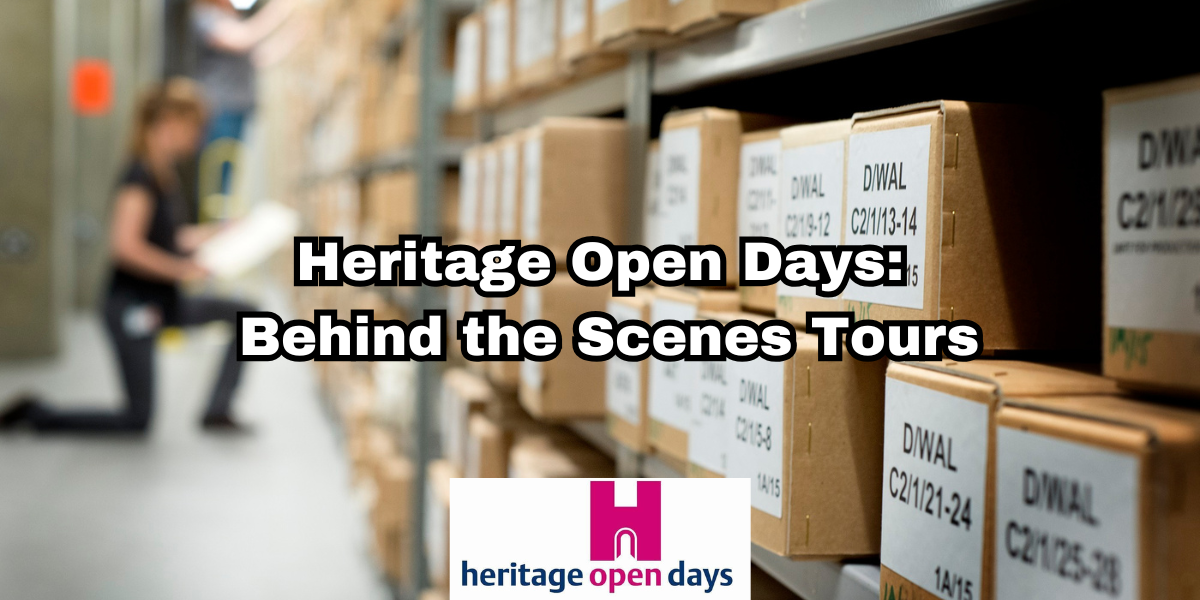 Image of the repository at Dorset History Centre overlaid with the text "Heritage Open Days: Behind the Scenes Tours" and the Heritage Open Days logo.