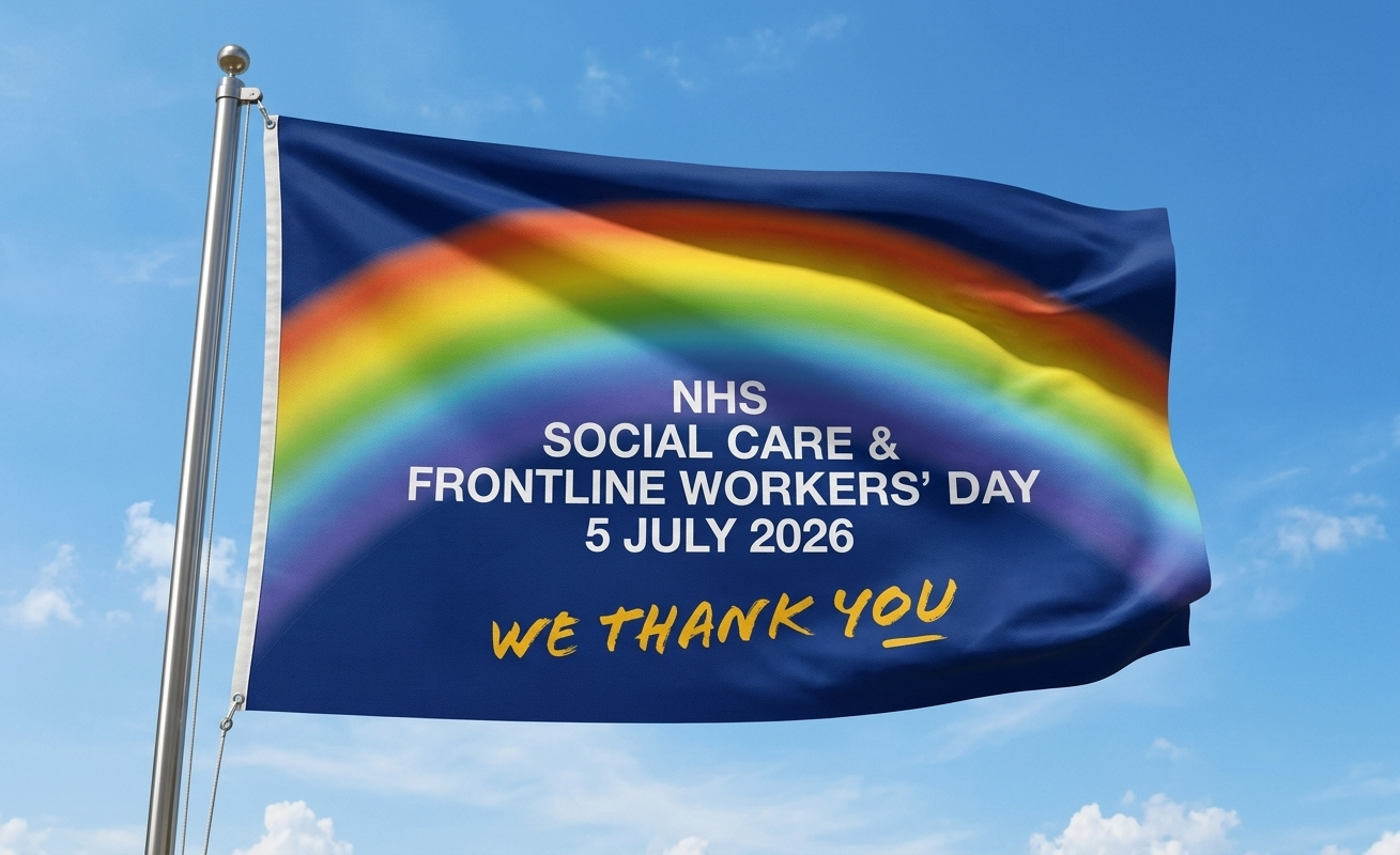 A dark blue background with a large rainbow arc across the top. White text reads “NHS Social Care &amp; Frontline Workers’ Day 5 July 2026” and below, in yellow handwritten-style font, it says “We thank you”.
