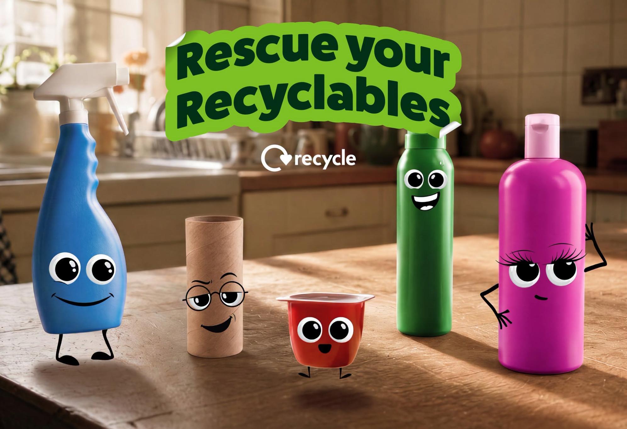 Recycle week campaign graphic showing cartoon characters