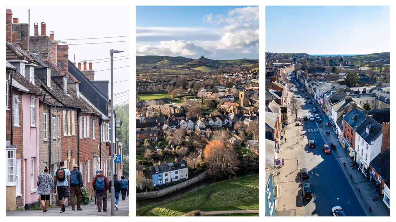 A three-image collage of a Dorset town. Left image: A narrow pavement lined with terraced brick cottages with tiled roofs and multiple chimney stacks. Several pedestrians walk away from the camera along the street, passing pastel-painted house fronts and