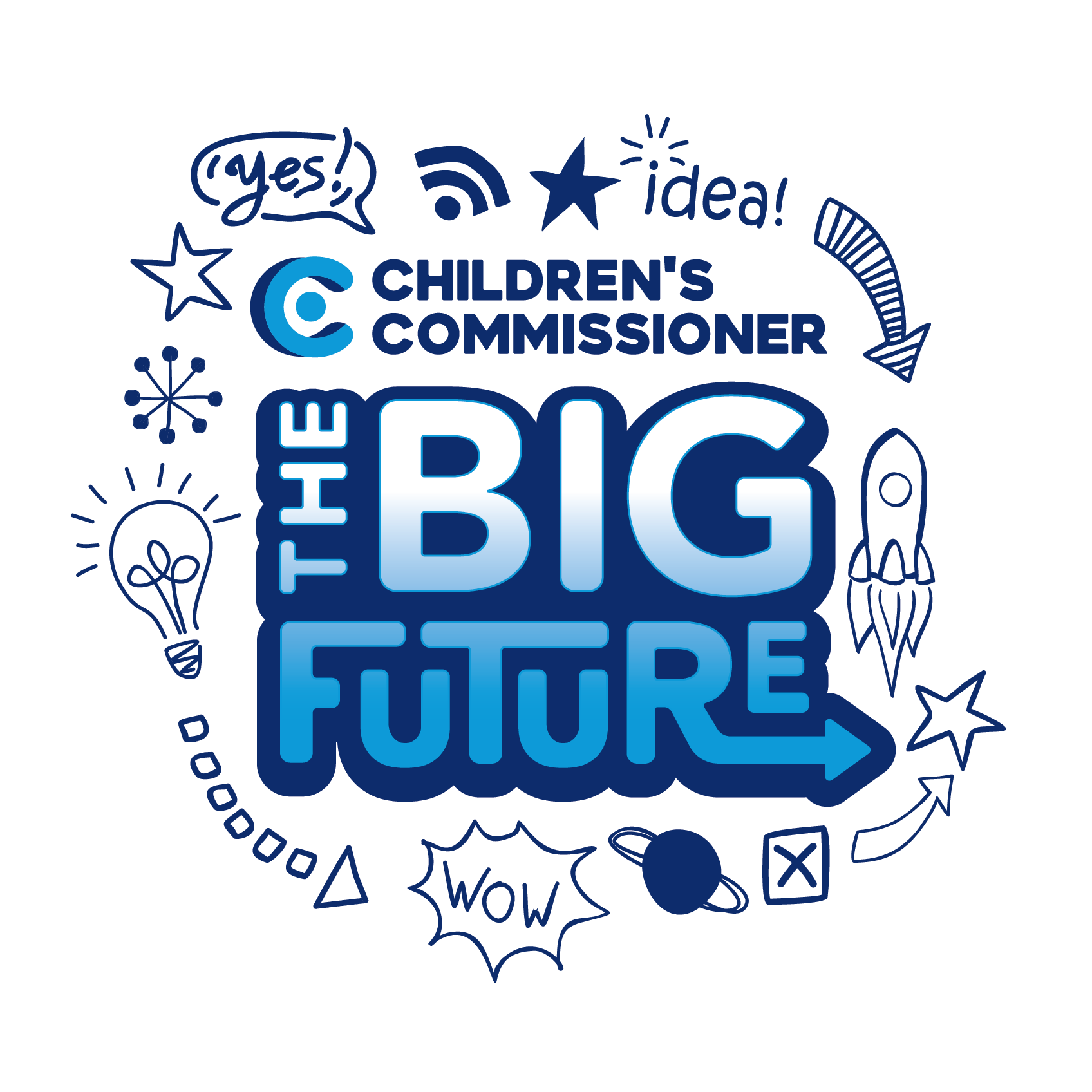 The words "Children's Commissioner The Big Future" in blue surrounded by sketches of a lightbulb, rocket, stars and arrows on a white background