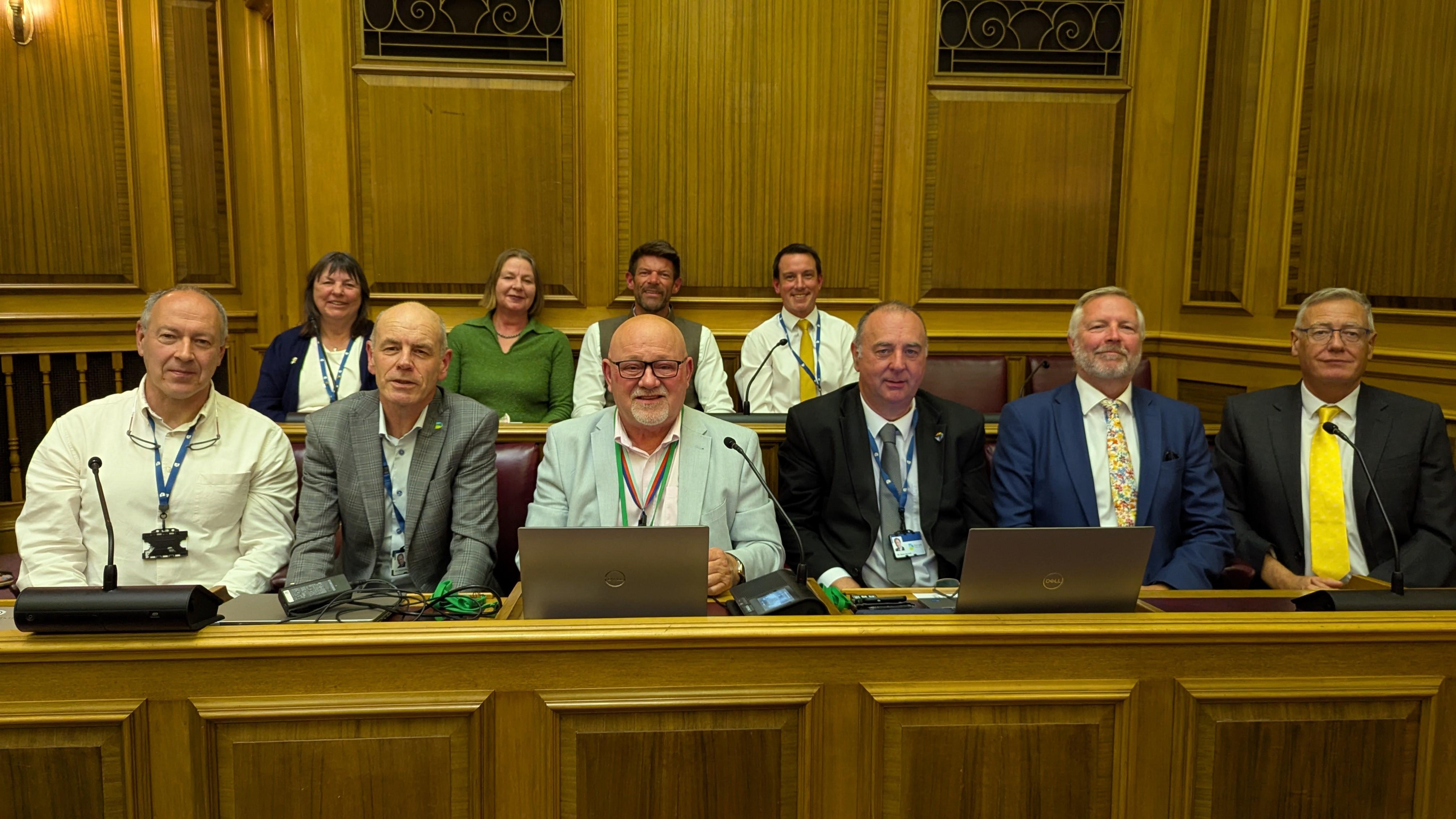 Cabinet - May 2026 (Back row, L-R: Cllr. Gill Taylor, Cllr. Clare Sutton, Cllr. Ben Wilson, Cllr. Matt Bell. Front row, L-R: Cllr. Nick Ireland, Cllr. Richard Biggs, Cllr. Jon Andrews, Cllr. Shane Bartlett, Cllr. Simon Clifford, Cllr. Steve Robinson)