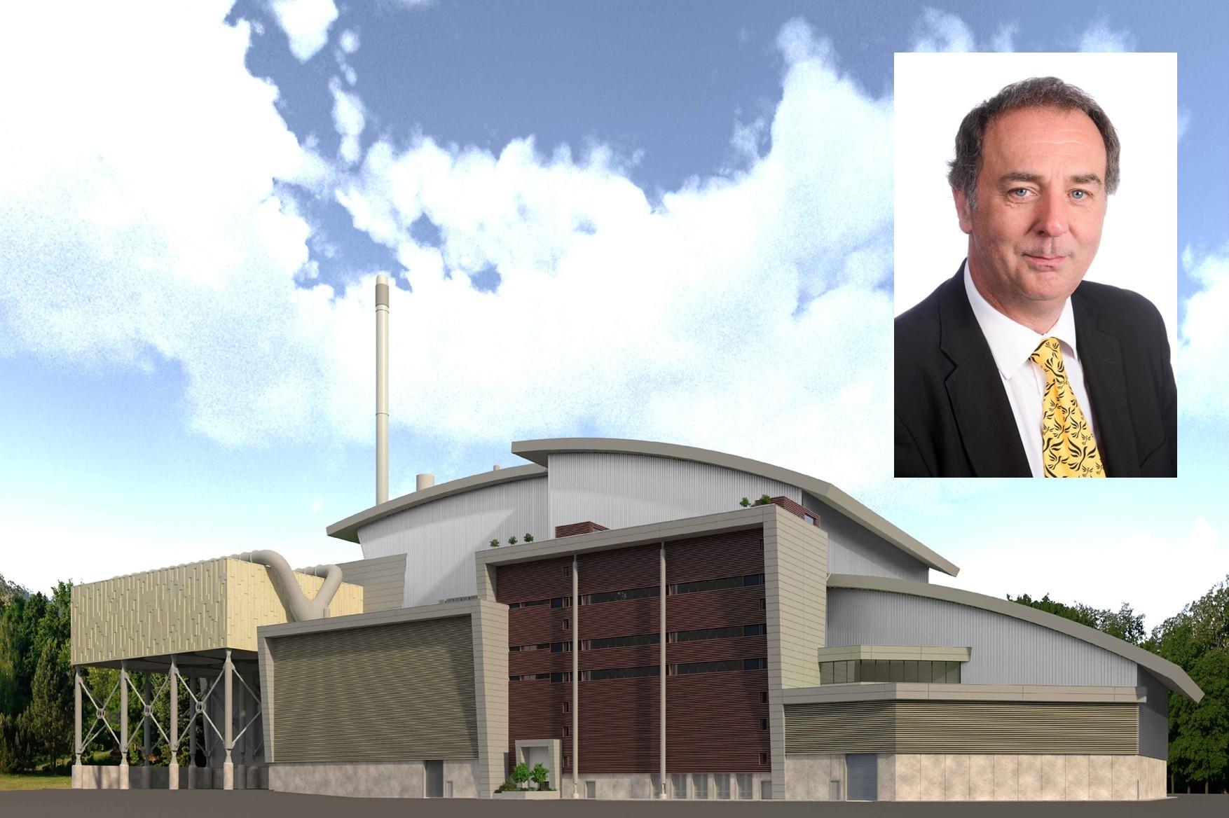 Artist impression of Carbon Capture Retrofit Ready Energy from Waste Combined Heat and Power Facility. Image of Cllr Shane Bartlett inset.
