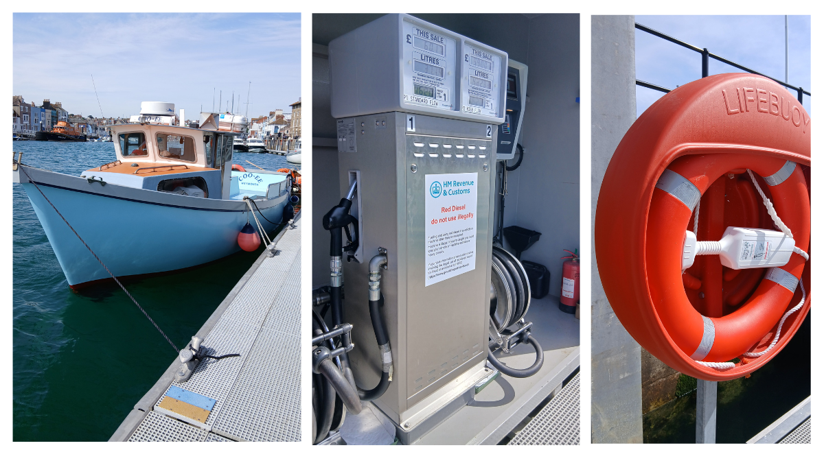 various images of a fishing vessel , the fuel pump and a lifebuoy