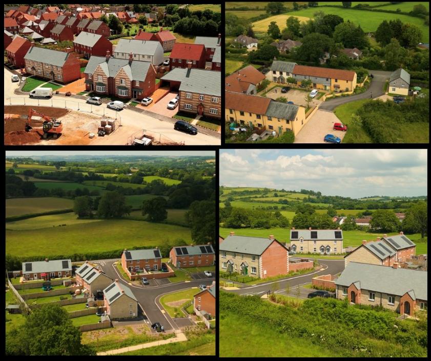 Displayed are four pictures of various affordable housing developments across the Dorset Council area