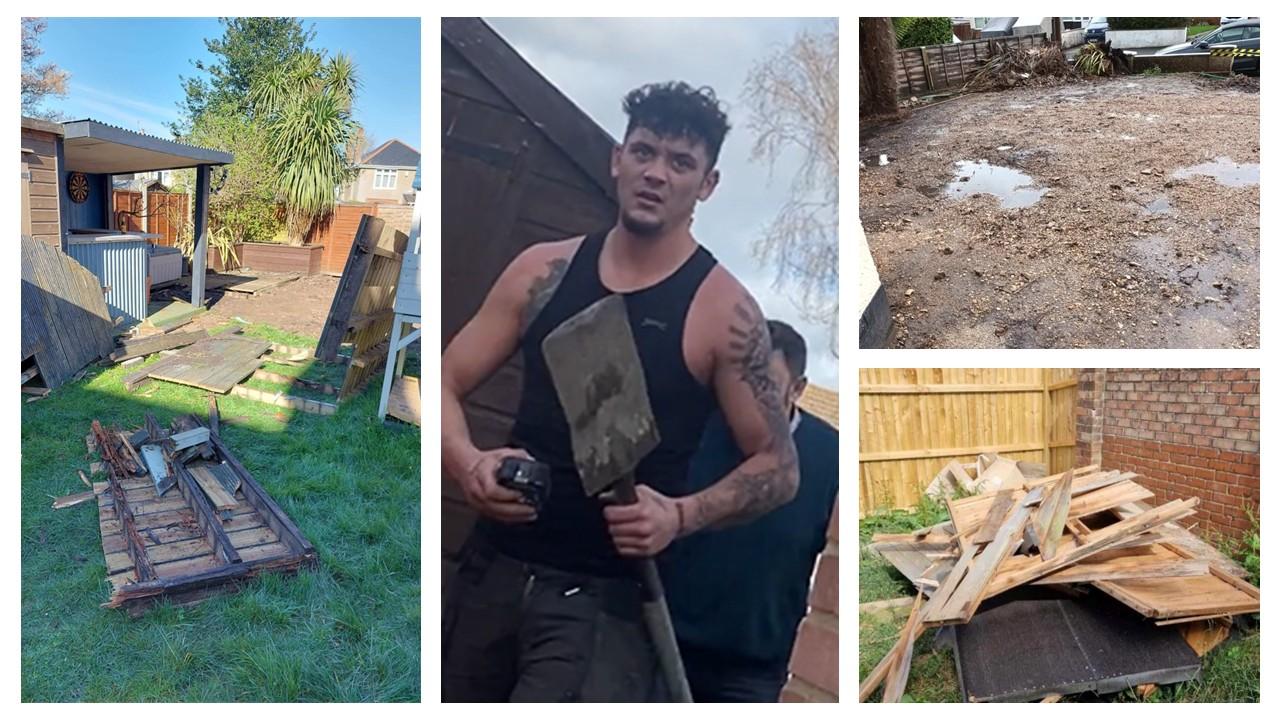 Four photos showing incomplete garden landscaping work. Images include dismantled decking and fencing left on a lawn, a person holding a shovel, a gravelled area with standing water and poor drainage, and a pile of discarded timber stacked against a fence