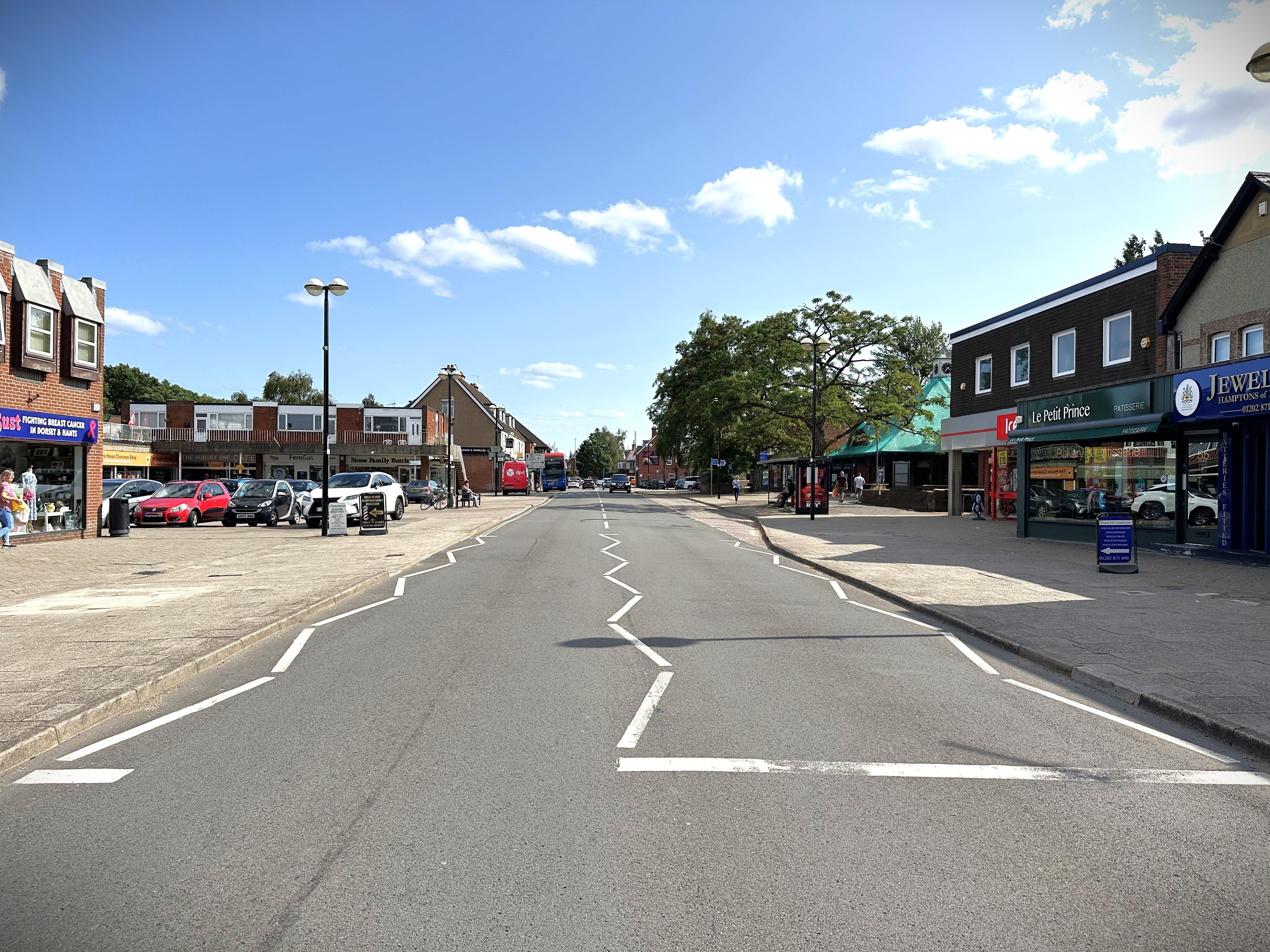 A photograph of Victoria Road in Ferndown on a sunny day