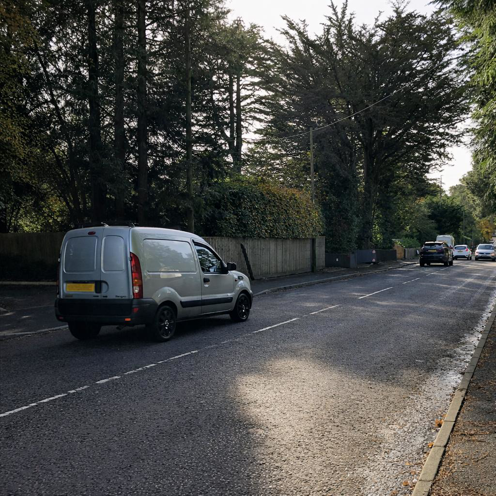 Vehicles driving along a tree lined shady road