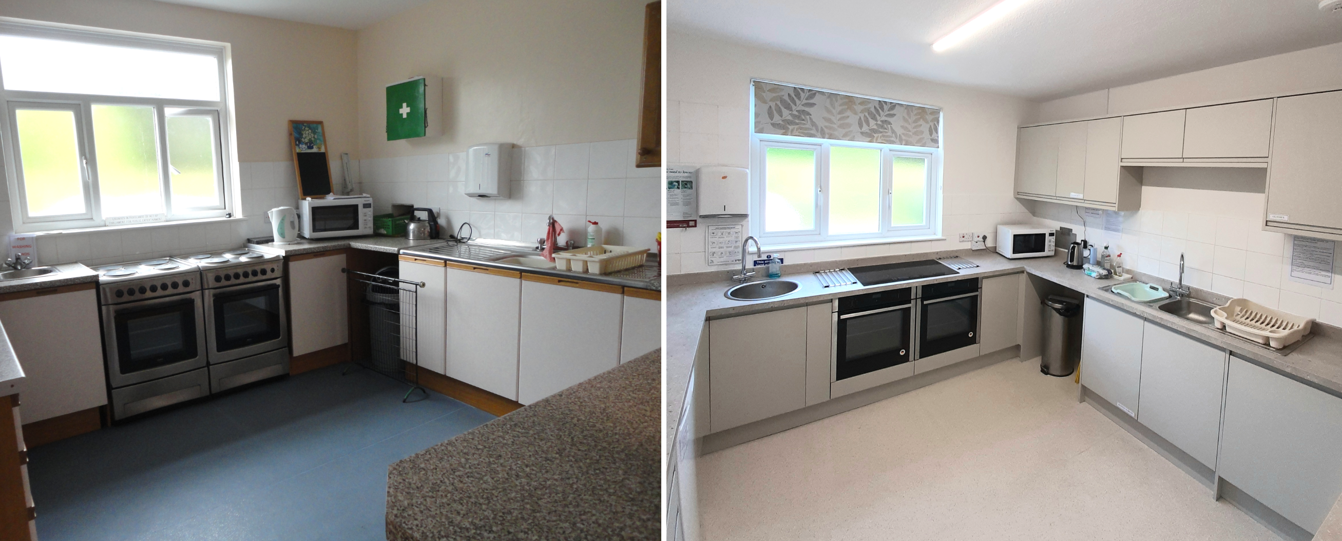Images of a kitchen side by side. The left image shows the old kitchen, the right image shows the new kitchen after funding was received to improve it