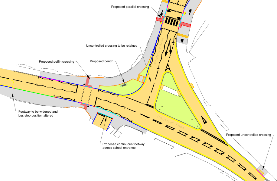 Annotated highway plan showing proposed safety improvements at the Abbotsbury Road and Chickerell Road junction, including new pedestrian and cycle crossings, improved footways, traffic-calming measures, and better access to nearby schools and homes.
