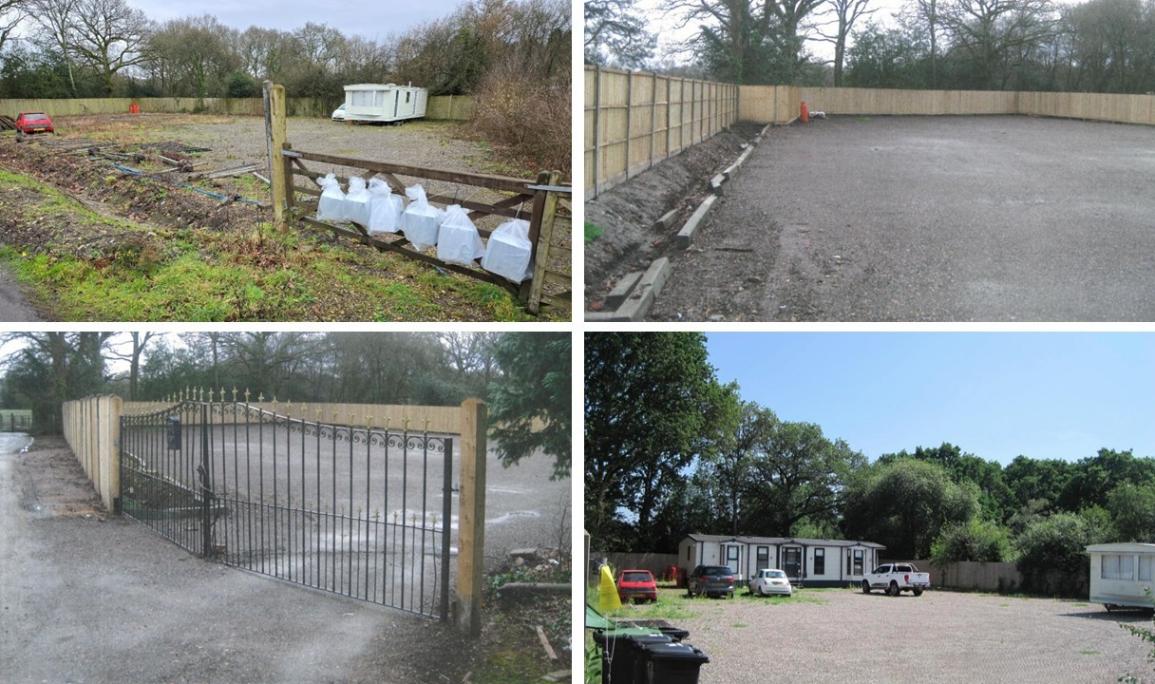 Images from location of unauthorised development, showing landscaped grounds, fencing, gate, caravans and vehicles