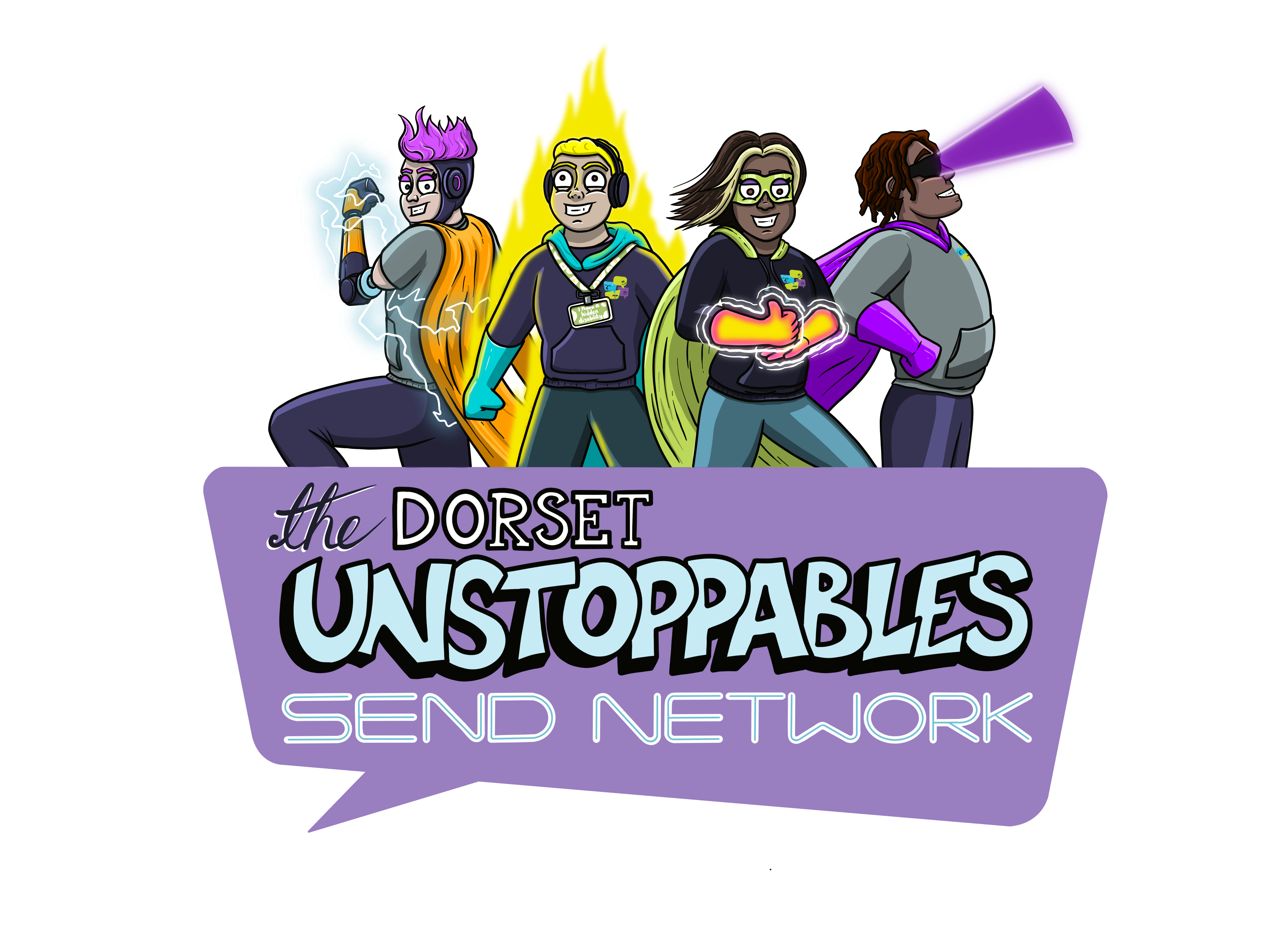 the image is an illustration of superheroes. The wording says, The Dorset Unstoppables SEND network.