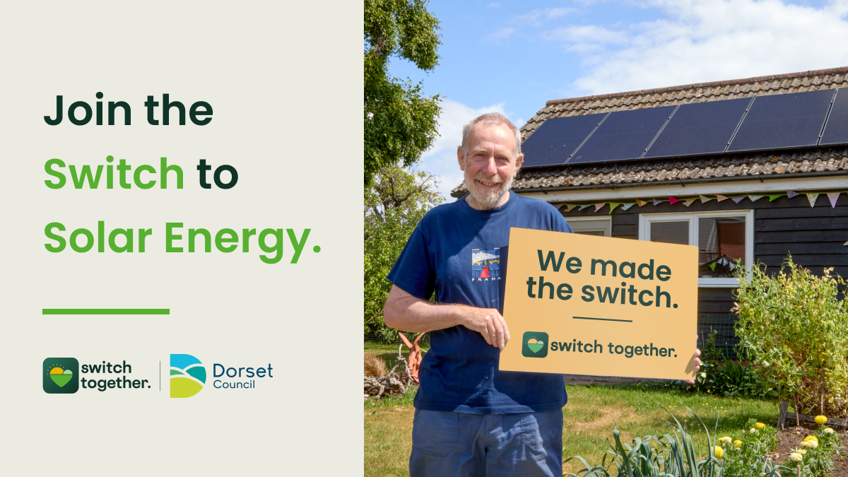 Promotional graphic encouraging people to switch to solar energy, featuring a person standing in front of a house with roof-mounted solar panels holding a sign that reads, “We made the switch.”