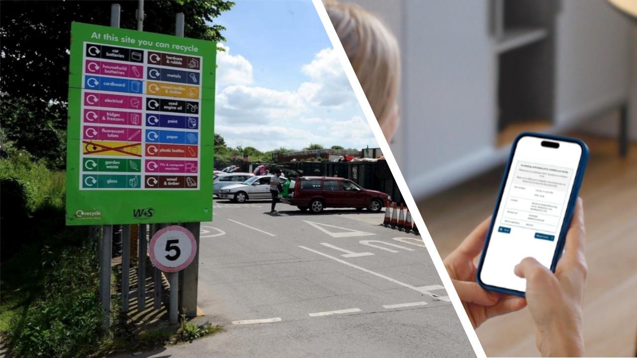 Dorchester household recycling centre, woman using smartphone