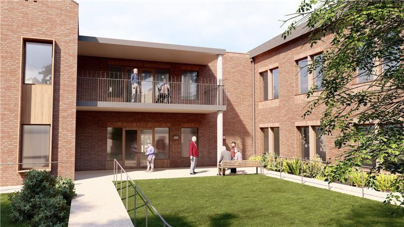 Artist impression of new Bridport Reablement Centre, 2 storey building with inset balcony walkway