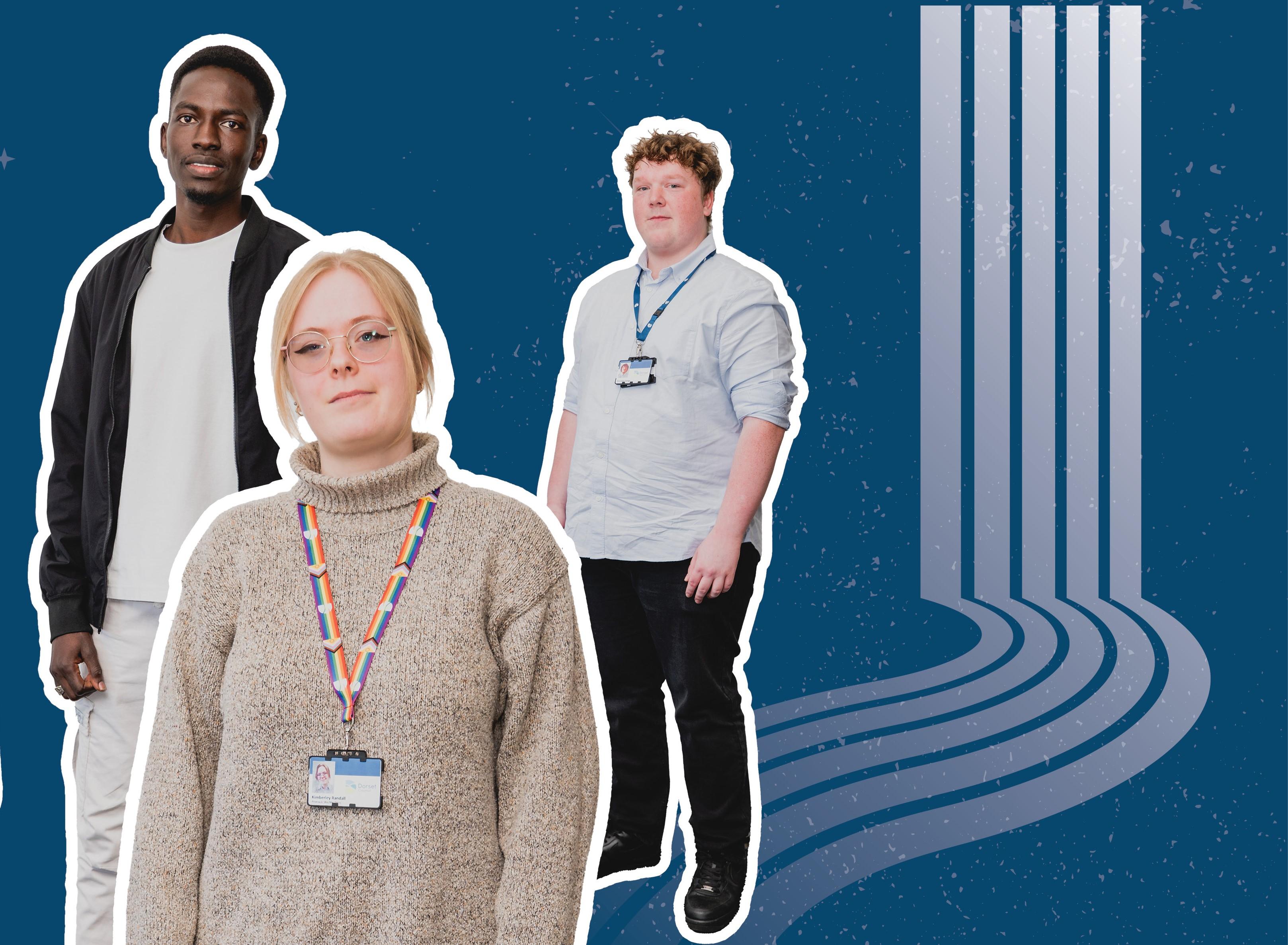 The image shows three young people wearing Dorset Council lanyards.