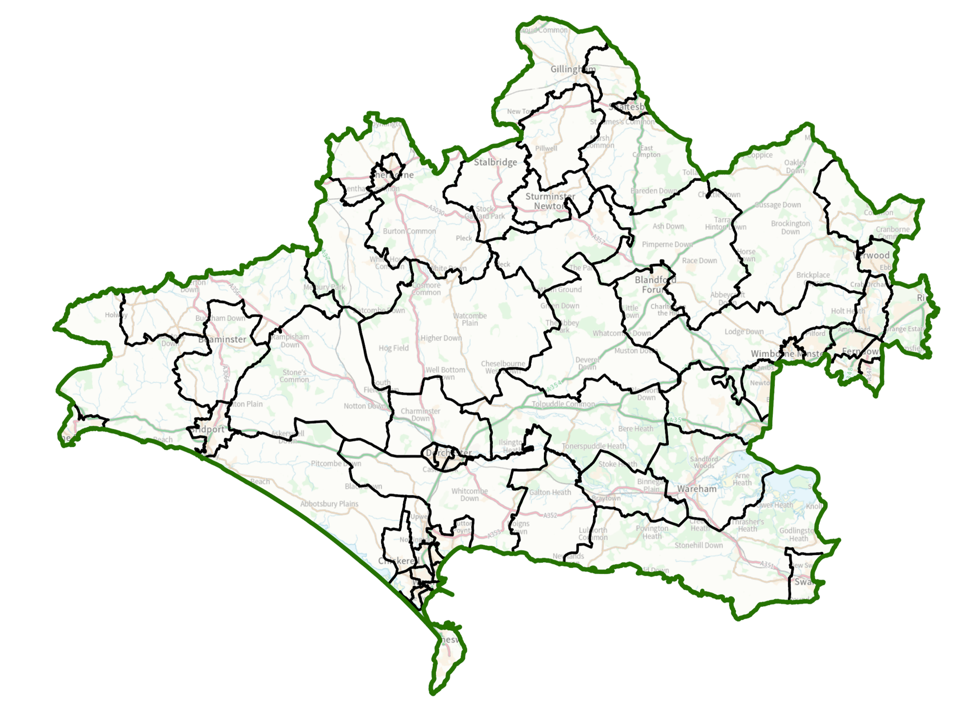 An illustrated map of the Dorset Council area showing proposed ward boundaries