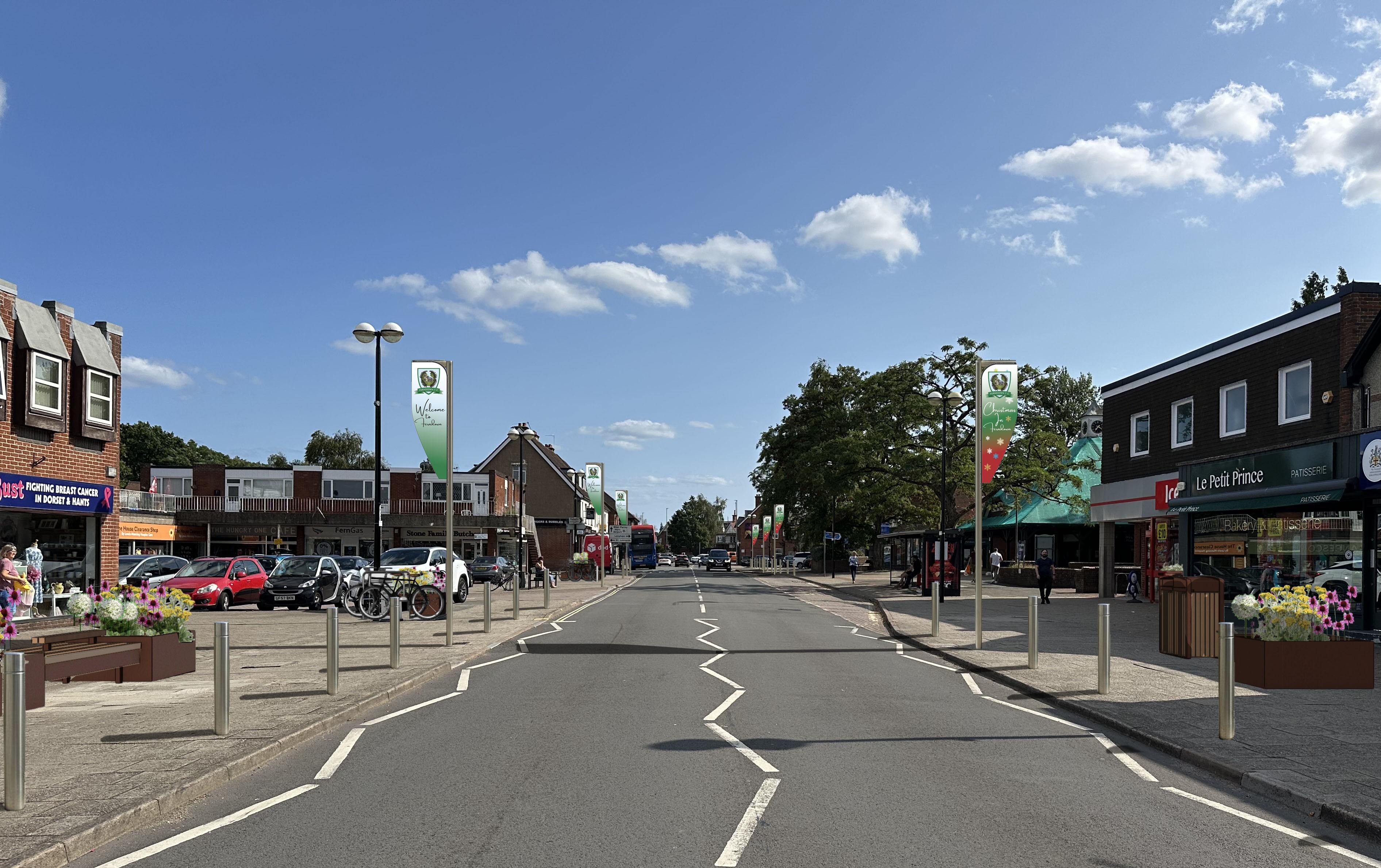 An artist impression of a high street with bollards, planters and flagpoles either side
