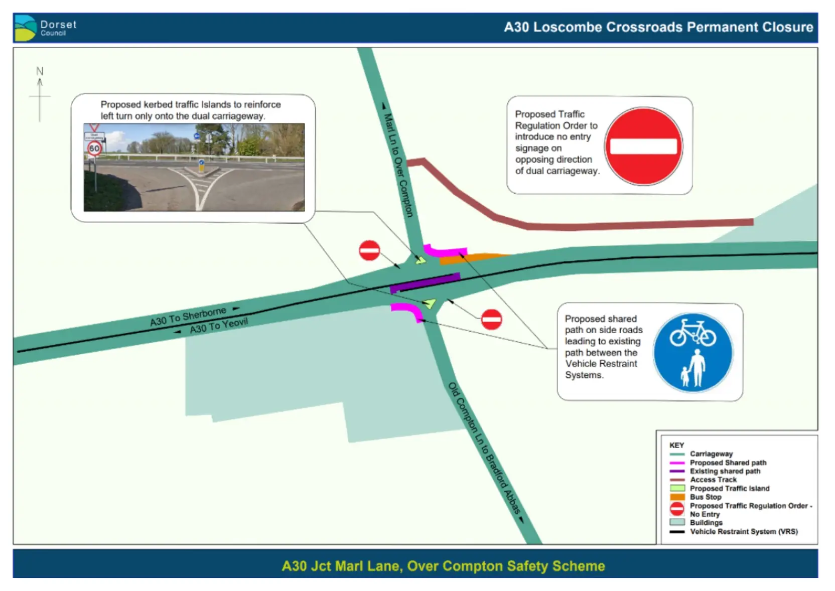 Map of A30 Loscombe Crossroad showing route of proposed Traffic Regulation Order to introduce no entry signage on opposing direction of dual carriageway
