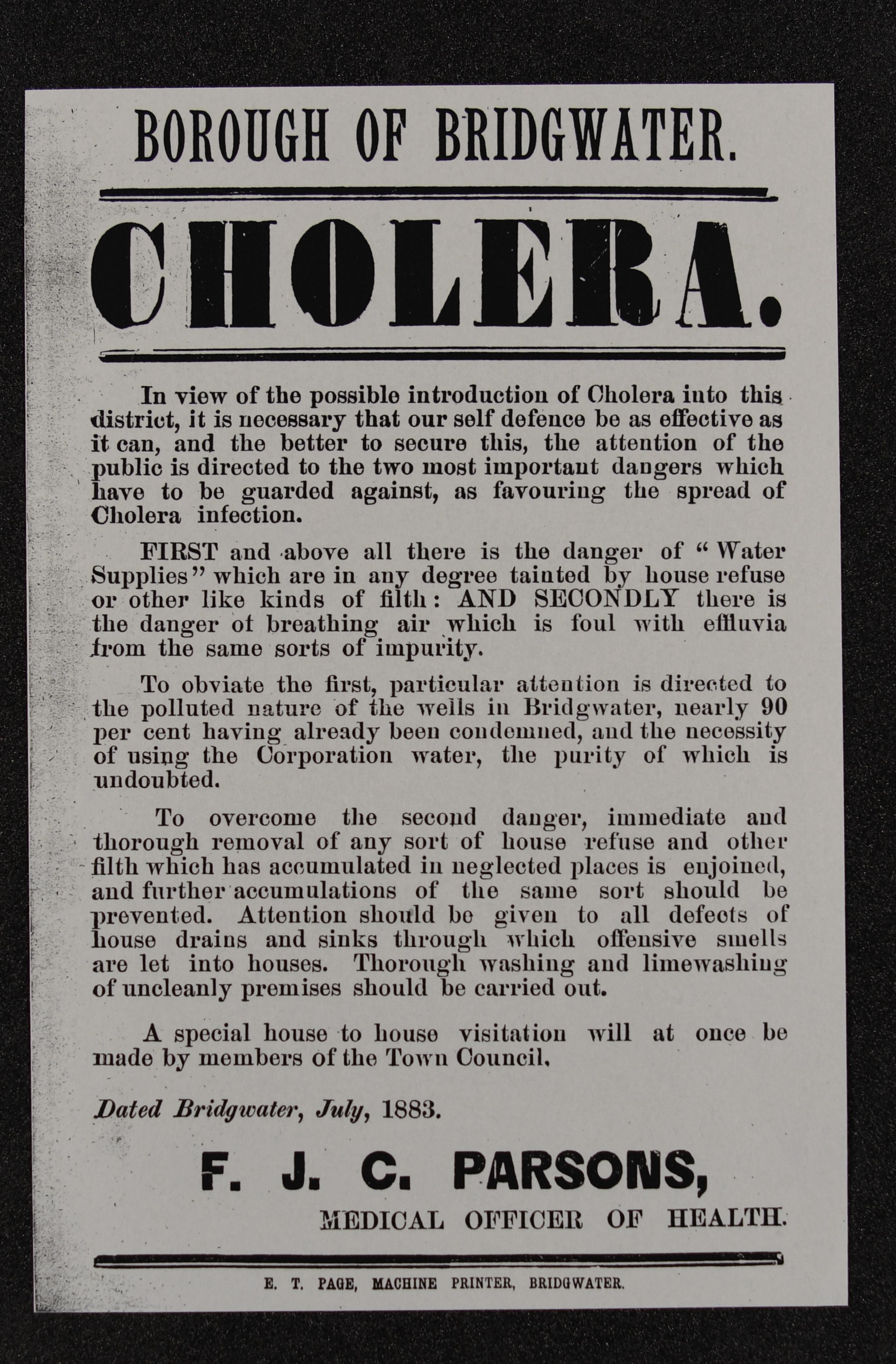 a warning poster about Cholera in Bridgwater