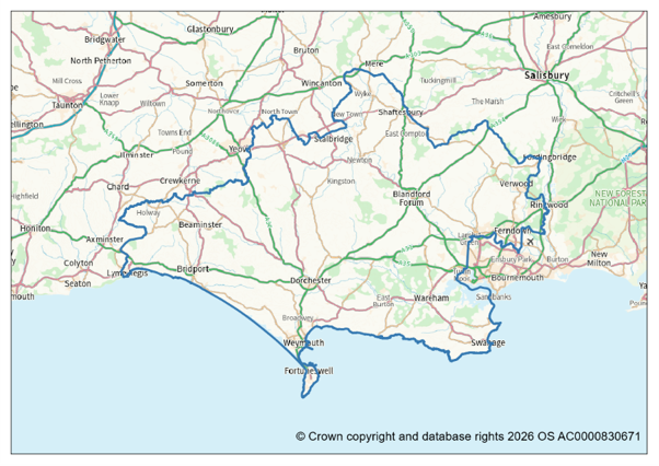 Map displaying the administrative area of Dorset Council.