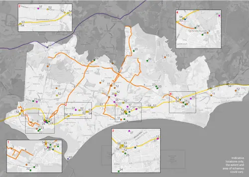 Map showing the Bournemouth, Christchurch and Poole (BCP) area and the locations of transport schemes proposed for development or delivery during Implementation Plan 1 (2026–2031). Schemes are colour coded against the six Local Transport Plan objectives covering climate and environment, health and wellbeing, accessible and prosperous places, safety, network resilience and public transport improvements. The map illustrates the geographic distribution of planned interventions across the urban area and key transport corridors