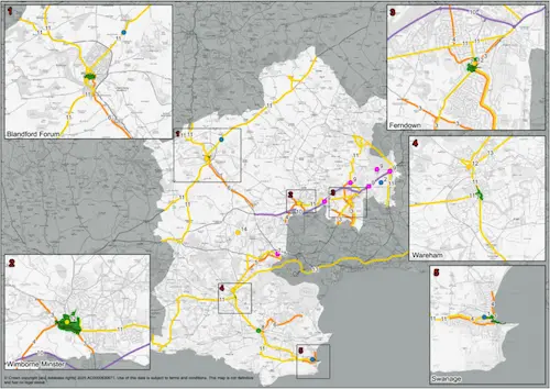 Map of South Eastern Dorset showing planned transport schemes proposed for development and delivery between 2026 and 2031. The map identifies interventions across settlements including Wimborne, Ferndown, Verwood, Wareham and Swanage, with schemes grouped against the six Local Transport Plan objectives. It shows the spread of active travel, highway, public transport and decarbonisation projects across the area.