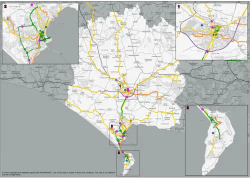  Map of Central Dorset showing the location of transport schemes proposed for implementation between 2026 and 2031. The map covers Dorchester, Weymouth, Portland and surrounding settlements, identifying projects associated with climate action, active travel, economic growth, safety, resilience and public transport. It highlights key interventions concentrated along the A35 and A354 corridors and within the main urban centres.