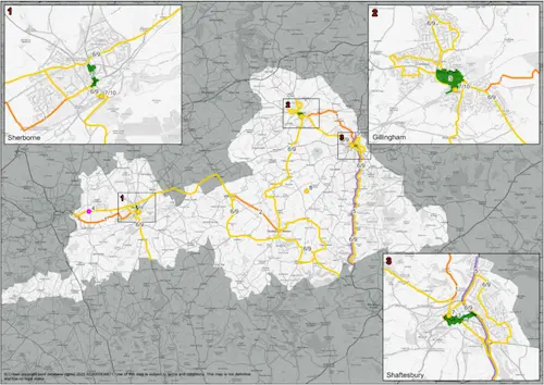 Map of Northern Dorset showing proposed Local Transport Plan schemes scheduled for development or delivery during the 2026–2031 implementation period. The map includes locations around Gillingham, Shaftesbury, Sturminster Newton and Sherborne and identifies active travel, road safety, public transport and network resilience interventions aligned with the six Local Transport Plan objectives.