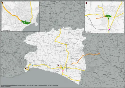  Map of Western Dorset showing transport schemes proposed for delivery between 2026 and 2031. The map covers Bridport, Lyme Regis, Beaminster and surrounding rural areas and identifies schemes linked to active travel, highway improvement, public transport accessibility, safety and environmental objectives. The map demonstrates how planned interventions are distributed across the western part of Dorset.