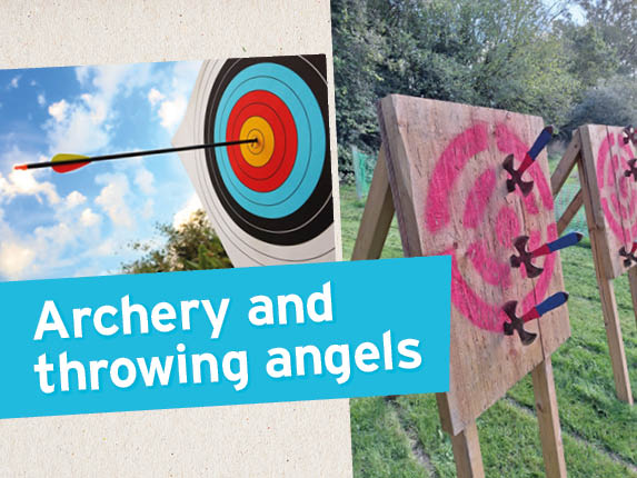 Archery target and axe‑throwing board with arrows and axes, with “Archery and throwing angels” text.