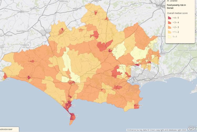 Map of Dorset showing food poverty risk by area, using a colour gradient from light yellow (lowest risk, score ≤1) to dark red (highest risk, score 4–5). The map displays the overall median score of food poverty risk across areas, helping identify regions most affected by food insecurity.