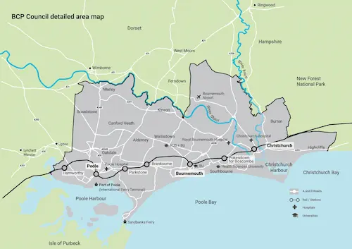 Detailed map of the BCP Council area showing major roads, railway stations, hospitals, universities, Bournemouth Airport, the Port of Poole and surrounding settlements. The map illustrates key transport connections between Bournemouth, Poole and Christchurch.