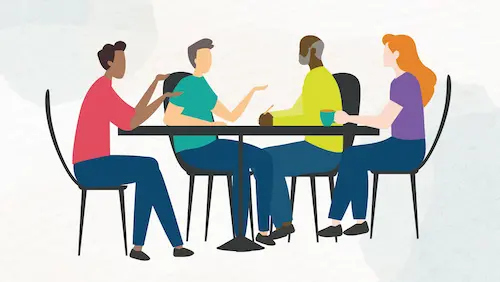 Illustration of four people with varied skin tones and hair colours sitting around a table, engaged in conversation. They are dressed in casual clothing.